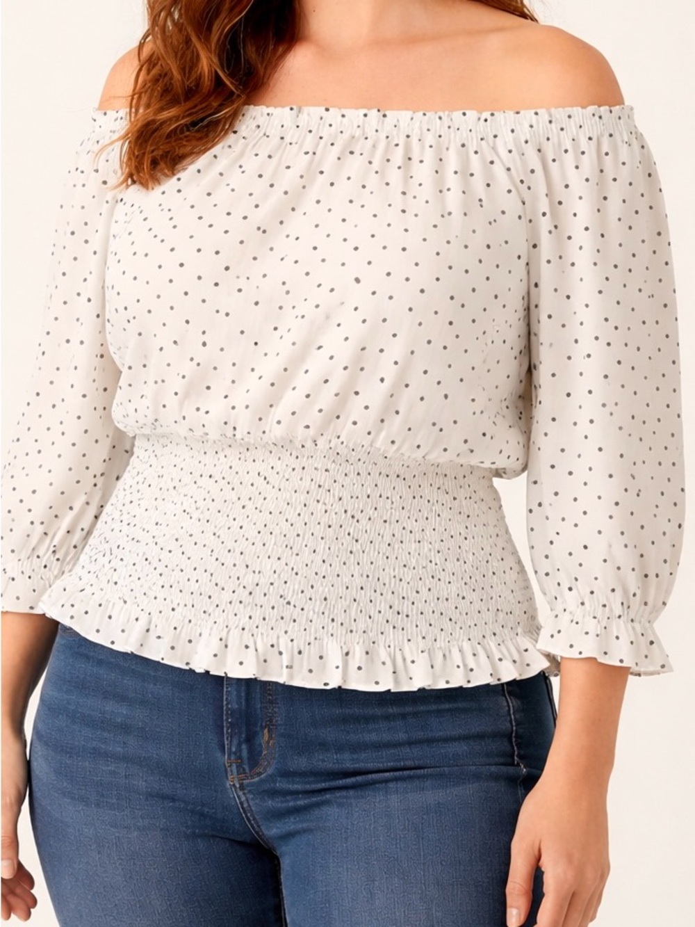 1. State Ivory White Black Polka Dot Off-Shoulder Smocked Top L/XL